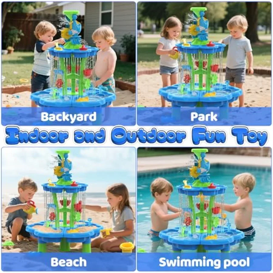 Outdoor water sand play table for toddlers, plastic, blue and yellow, 2-tier sensory activity with splash feature for summer pa view 4