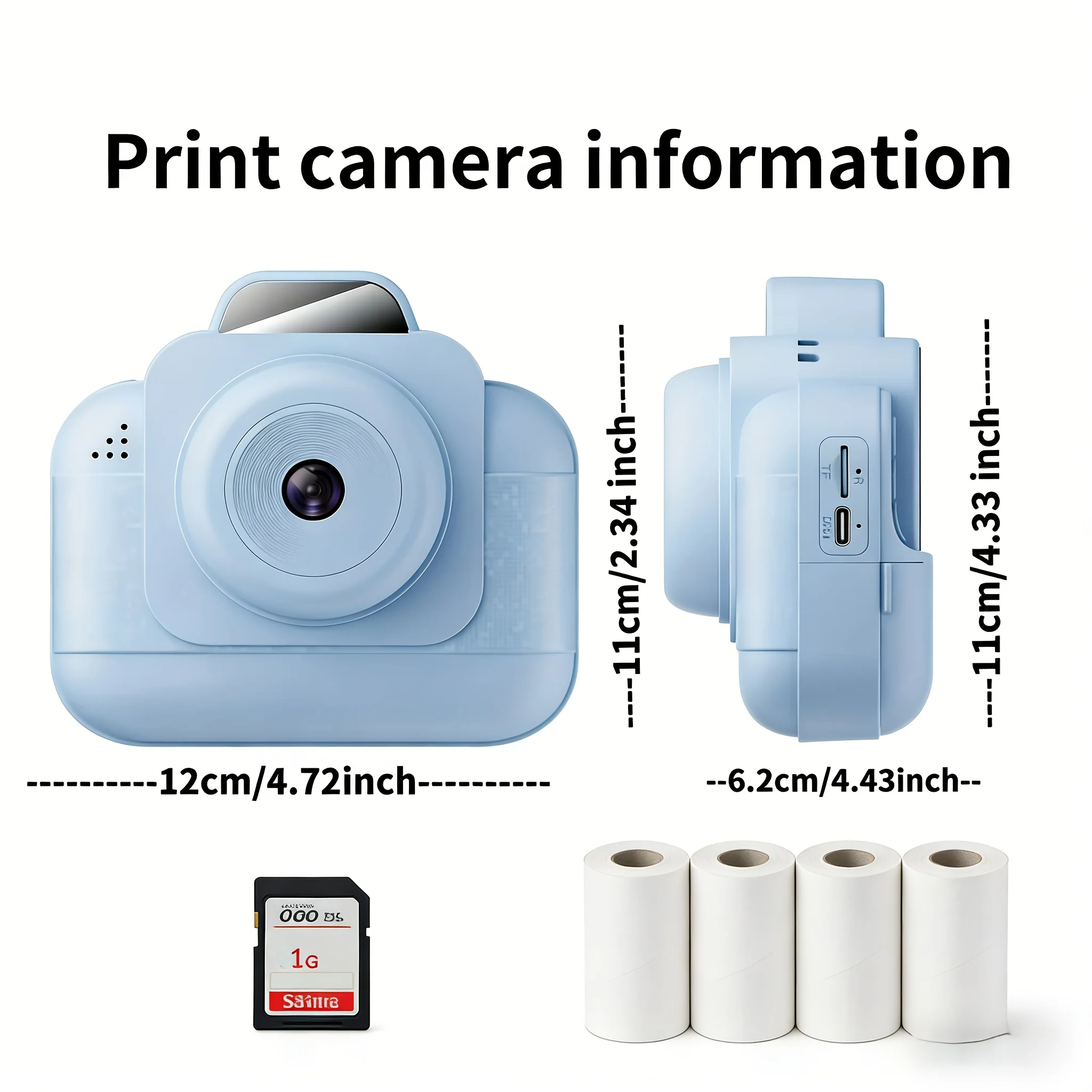 Portable photo printer (blue) with rechargeable battery and 4 rolls of thermal paper /1g card-instant photo printing