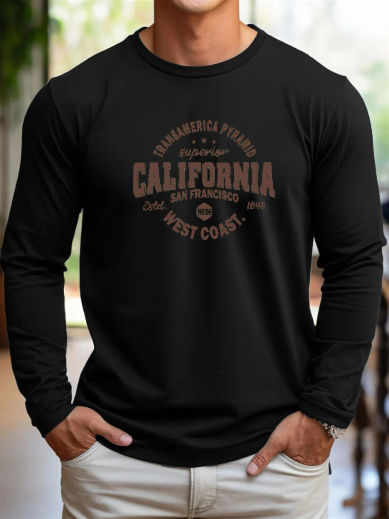 Men's 100% pure cotton loose and comfortable sports and leisure California letter printed round neck long sleeved T-shirt top view 3