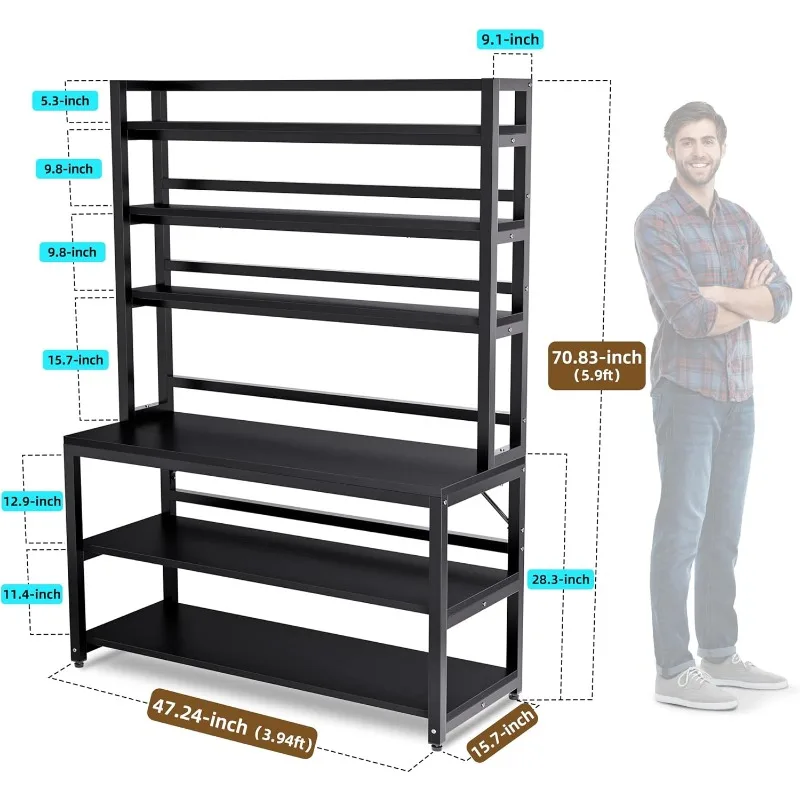 Estante grande para panaderos para cocinas, soporte de cocina de 47 pulgadas de ancho (47,2 "W x 15,7" D x 70,8 "H), 6 niveles con Hutch y almacenamiento