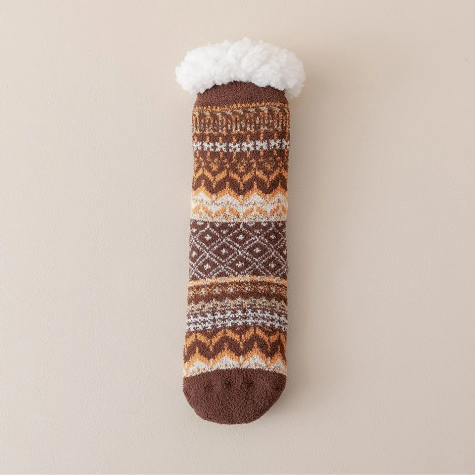 Bodensocken aus Lammwolle, Herbst und Winter, Fleece, verdickt, warm, rutschfest, Silikon, Heimsocken, Röhrensocken im Ethno-Stil – Detail 9