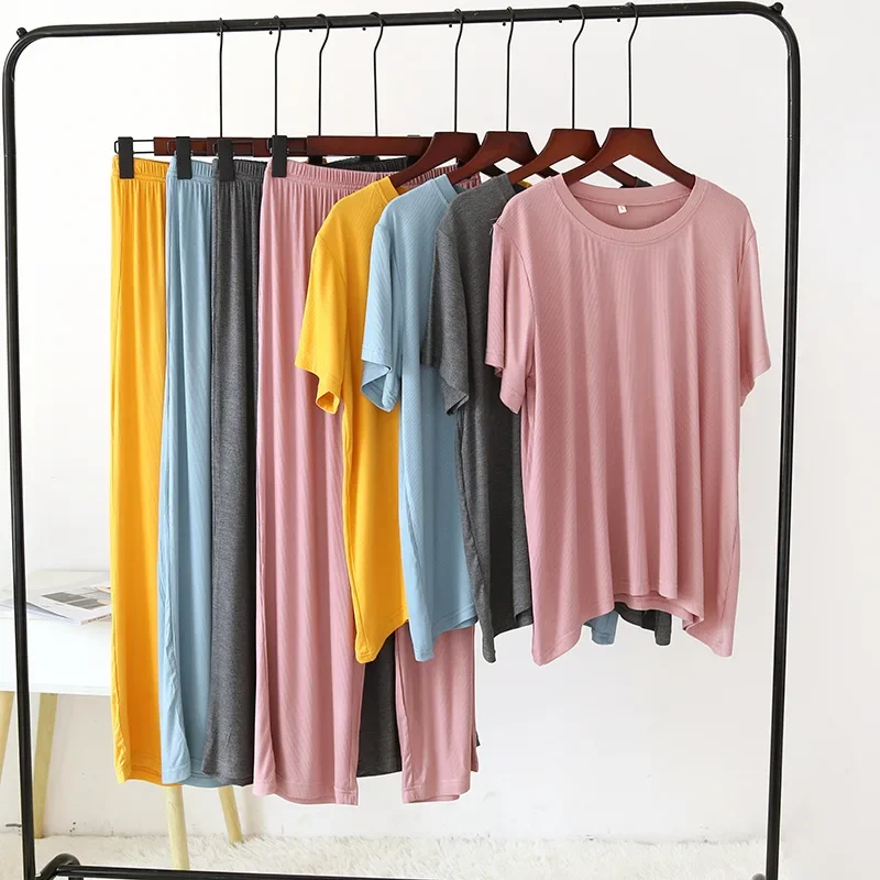 Spring and summer new ladies pajamas short sleeves + trousers two-piece modal thin loose large size solid color homewear suit