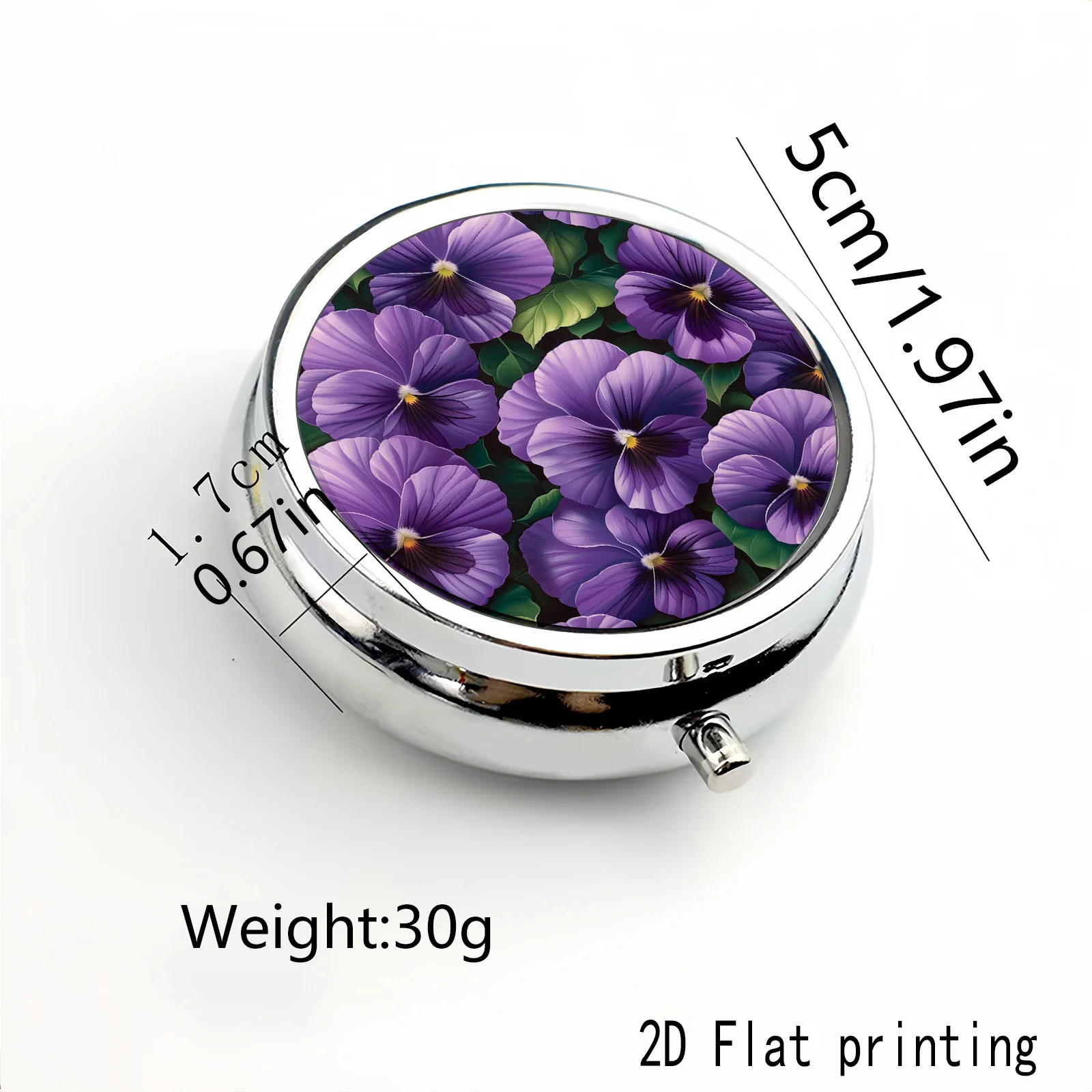 Purple Pansy Flower Pattern Square and Round Small Medicine Box, Portable Medicine Storage, Small Jewelry Storage, Suitable for Handbags or Travel, Holiday Gifts, Souvenirs, Prizes, Small Gifts