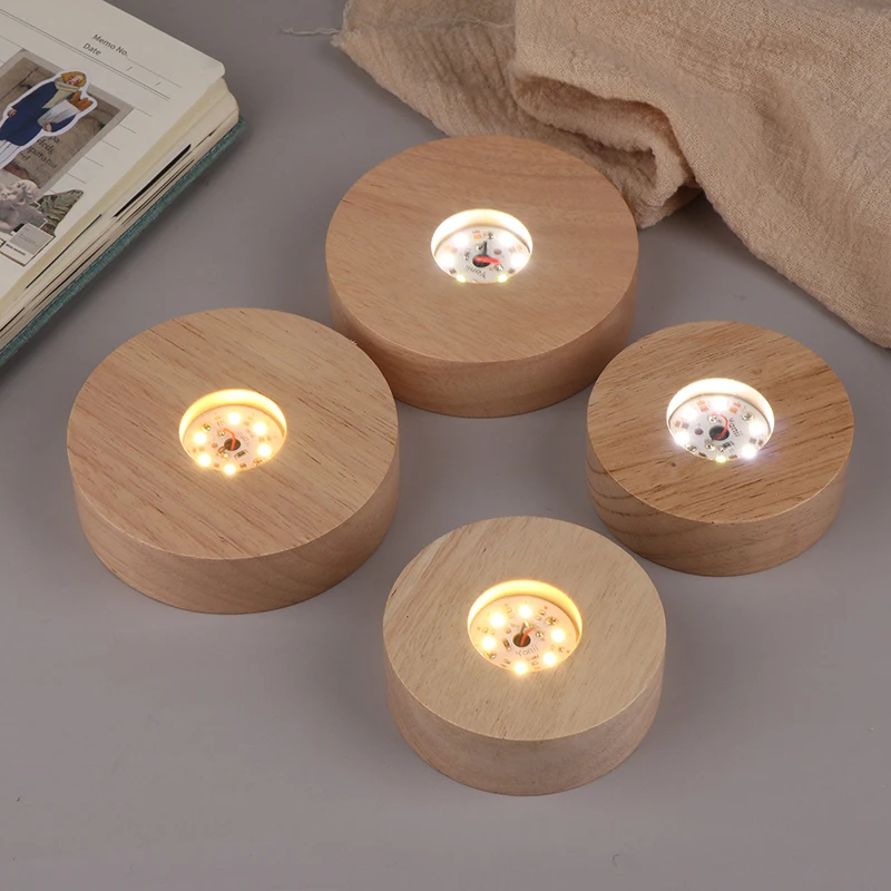 8/10cm Round Wooden LED Light Dispaly Base Stand Holder Battery Operated  Table Night Lamp Base Crystal Glass Art Ornaments