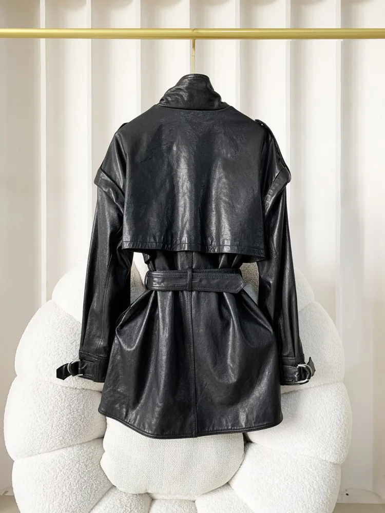 سترة نسائية متوسطة الطول من الجلد الطبيعي بياقة واقفة وخصر عالٍ للخريف ملابس الشارع الشهير معطف سترة واقية من جلد الغنم الحقيقي