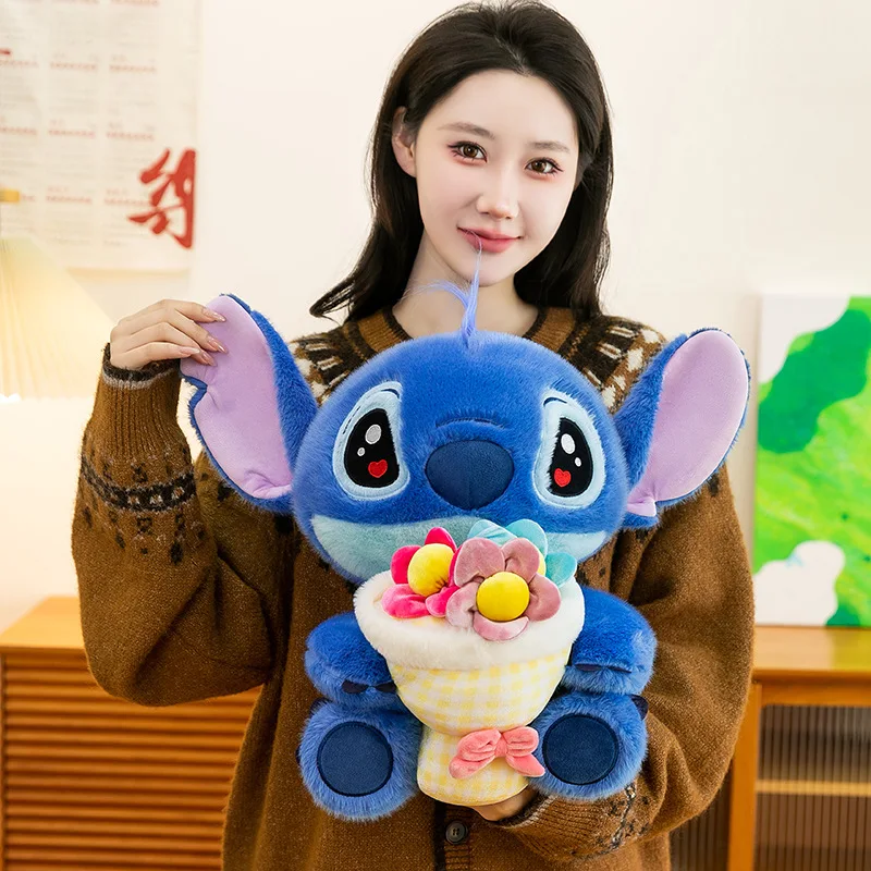 Hot New Disney Stitch Lilo and Stitch Hugging Flower Plush Toy Stuffed Animal Soft Cuddly Doll for Girls Valentines Day Gift