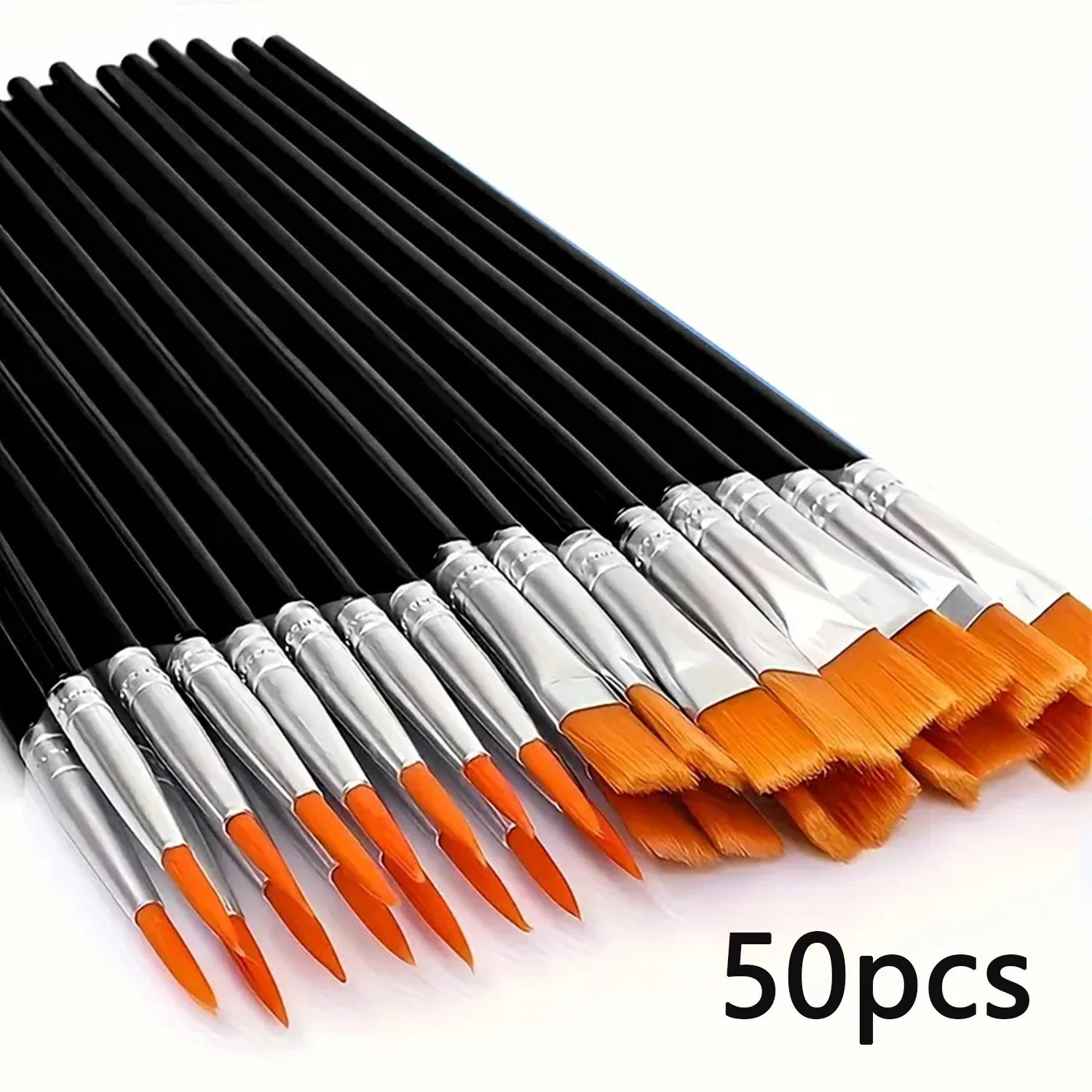 50pcs Nylon Brush Pens with Flat & Round Tips - Dual-Tone Black Ergonomic Grooved Handles for Acrylic, Oil, Watercolor