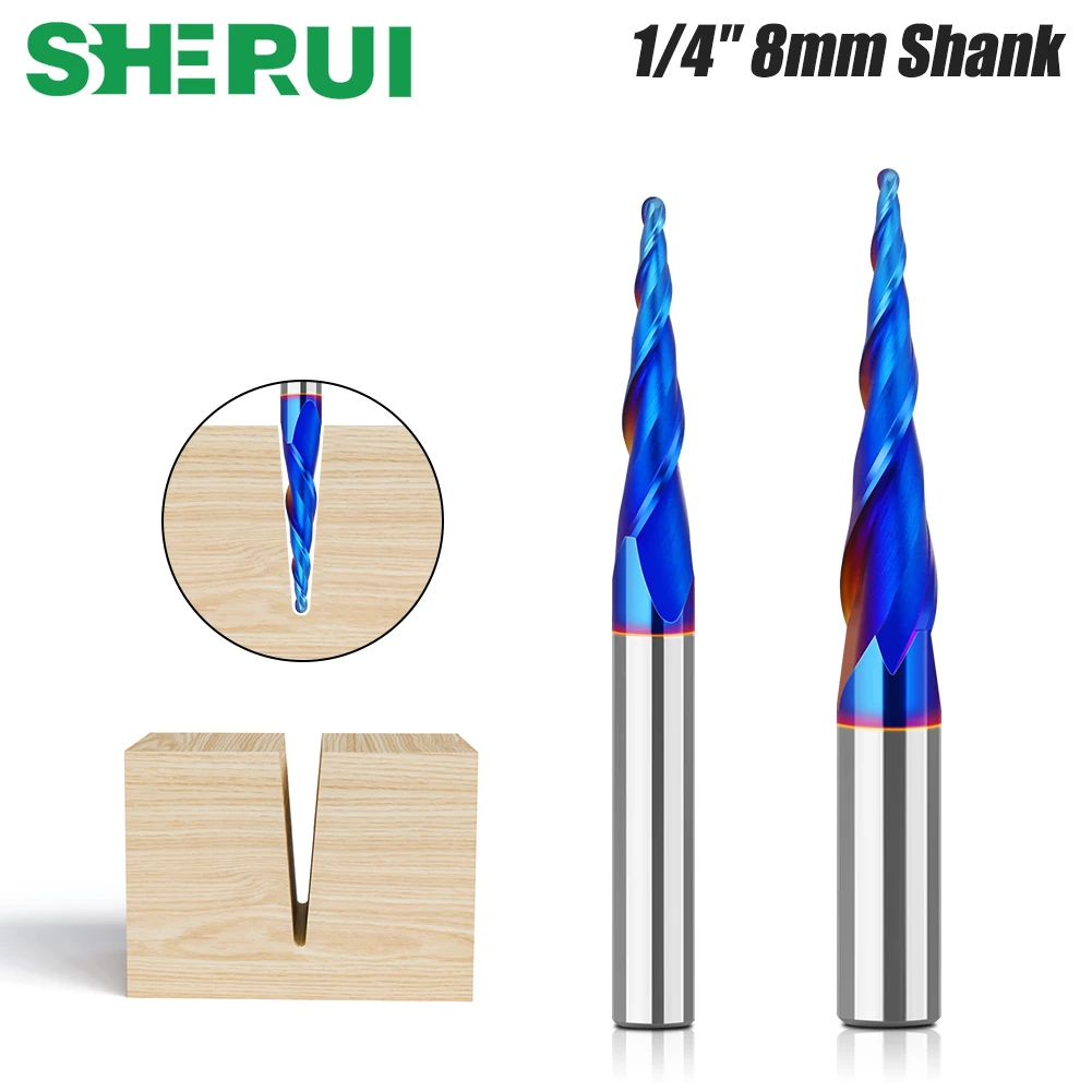 생크 합금 더블 에지 테이퍼 코팅 볼 커터 테이퍼 볼 엔드 밀, 1/4 인치 생크, 8mm