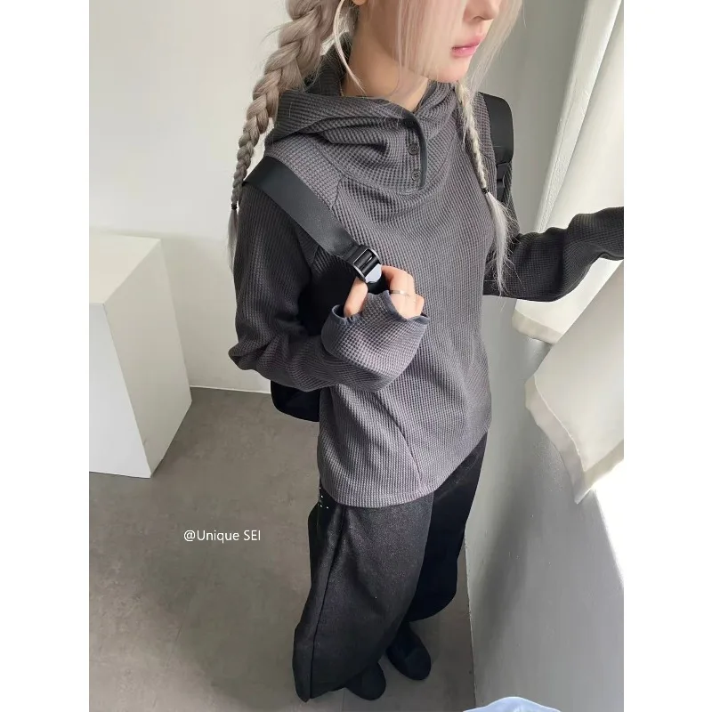 Korean Threaded Casual Hooded Long-sleeved T-shirt Women 2025 Winter New Streetwear Fashionable All-match Solid Color Tops
