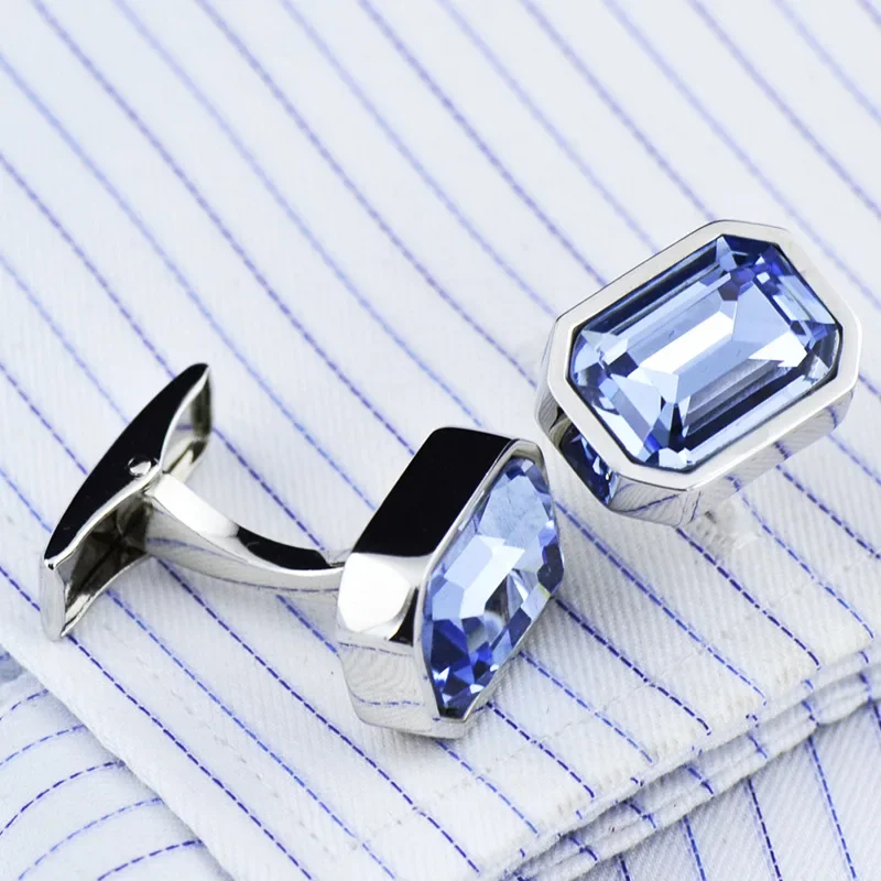 Cufflinks Men\'s Unisex French Shirt Suit Business Banquet Wedding Party Gifts Classic High Grade Simple Blue Crystal Cuff Links