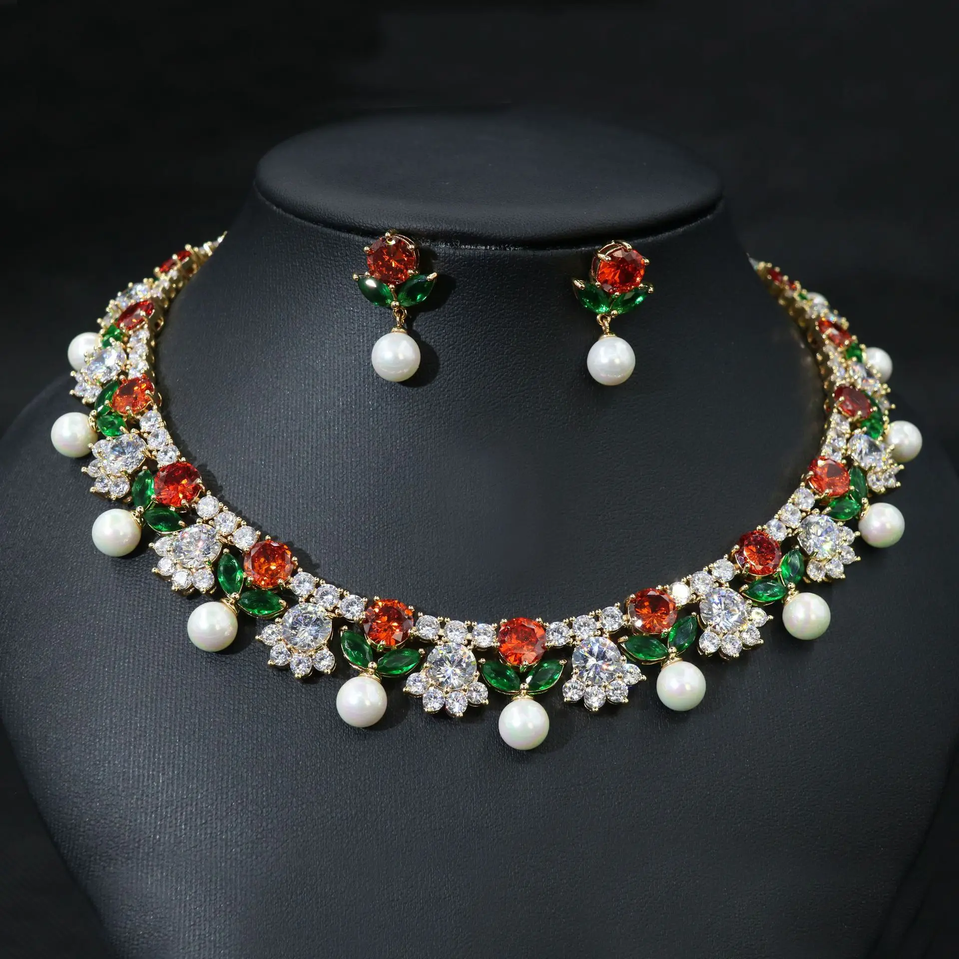 

Women Pearl Zircon Flower Necklace Earring Set 2025