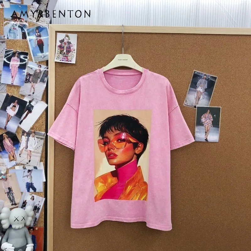 

Summer New Retro American Style Cool Character Print T Shirts Fashion Casual Loose Washed Pink Short Sleeved T-shirt For Women