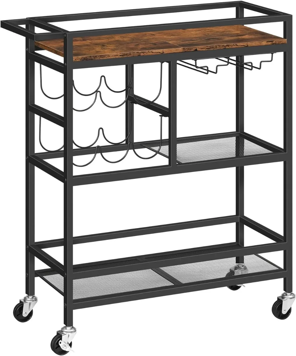 

3-Tier Rolling Bar Cart with Wheels, Wine Rack, and Glass Holders for Kitchen or Dining Room in Rustic Brown