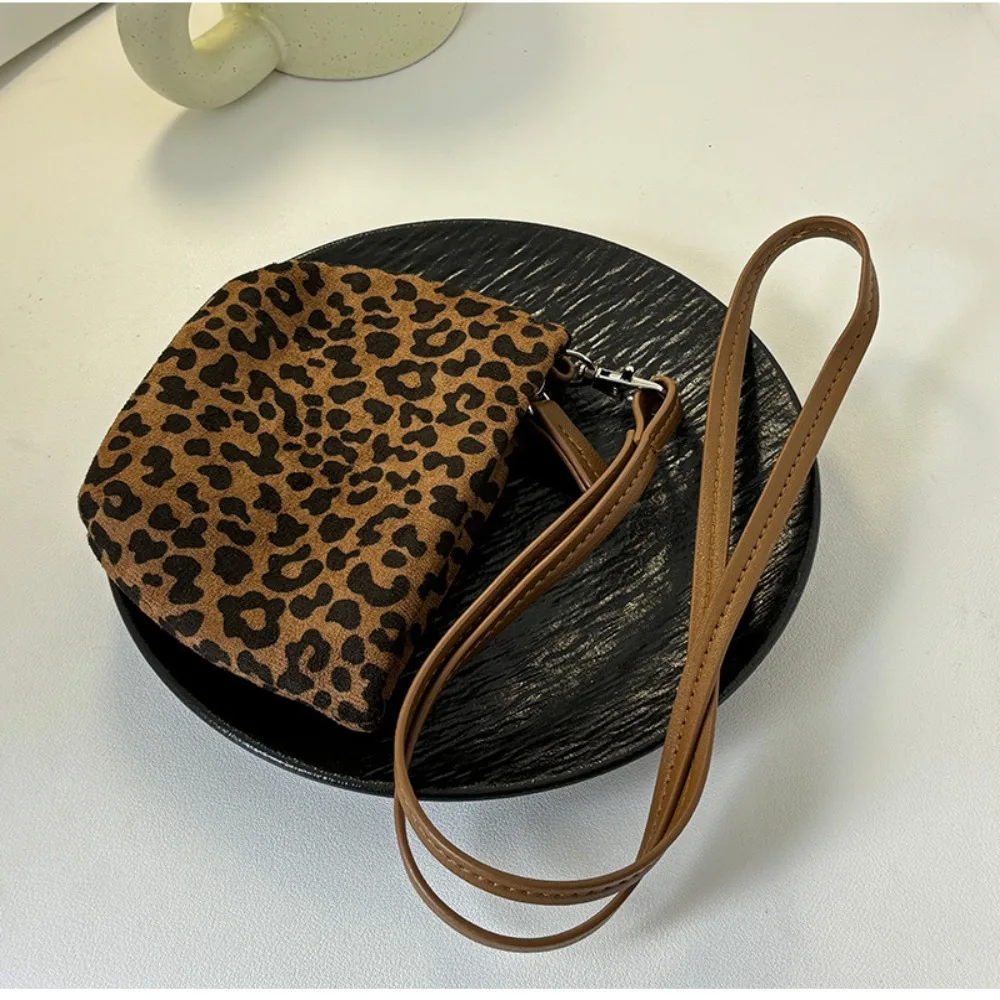 Creative Suede Leopard Print Hanging Neck Bag Y2K Croissant Coin Purse with Lanyard Handbag Card Holder Mini Storage Bag Travel