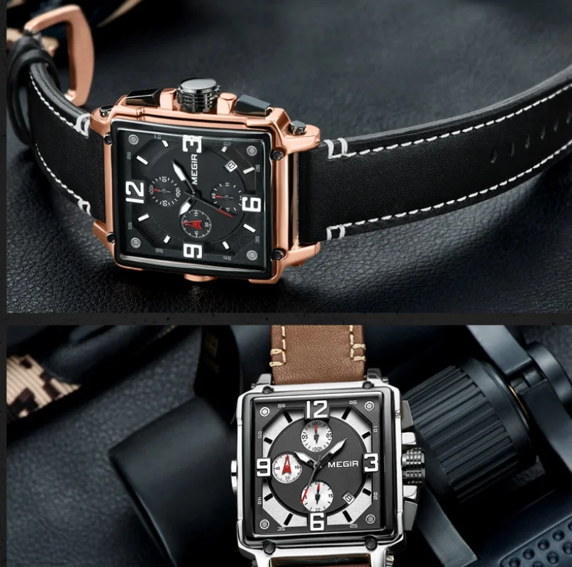 New Megir Brand Watch Retro Fashion Square Multi-Function Calendar Genuine Leather Men's Quartz Watch
