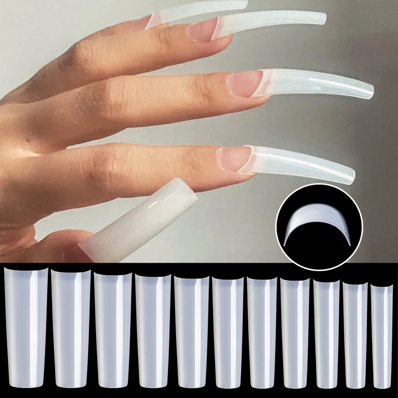 550pcs French False Nail Half-covered Transparent Curved Acrylic Engraved Round Fake Nails Finger Toenail Extension Nail Tips