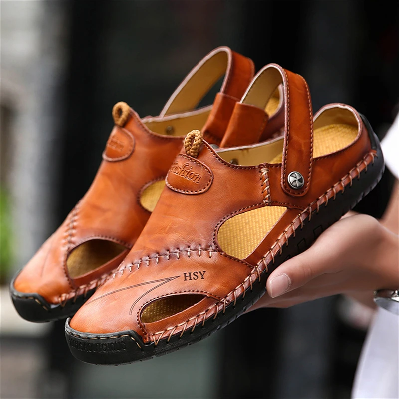 

2024 New Summer Men's Sandals Men Leather Shoes Durable Handmade Stitching Close Toe Non Slip Men Loafers Soft Flats Male Sandal