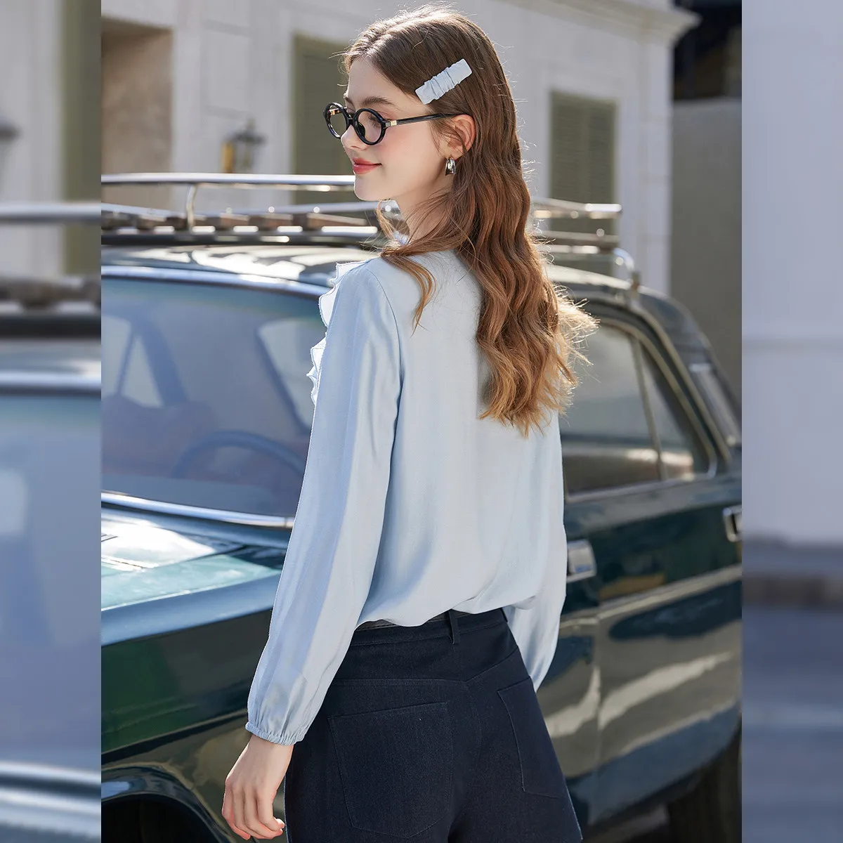 LOUISYAO 2026 Spring French Elegant V Neck Blouse Women Solid Color Long Sleeve Ruffle Shirt