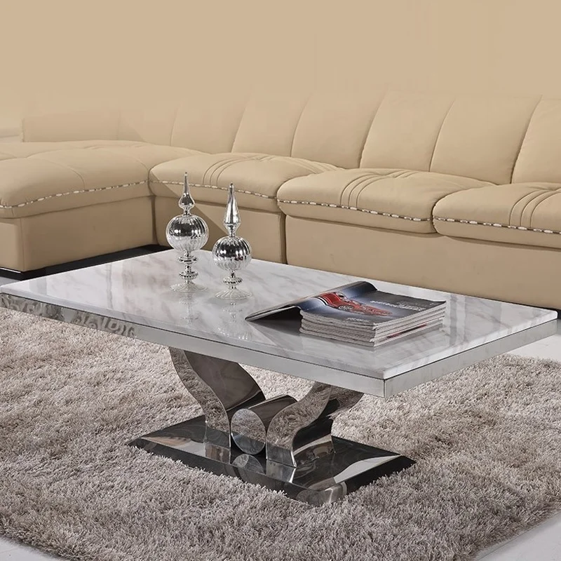 Modern new design cheap factory direct home furniture living room silver metal frame square marble top coffee table set