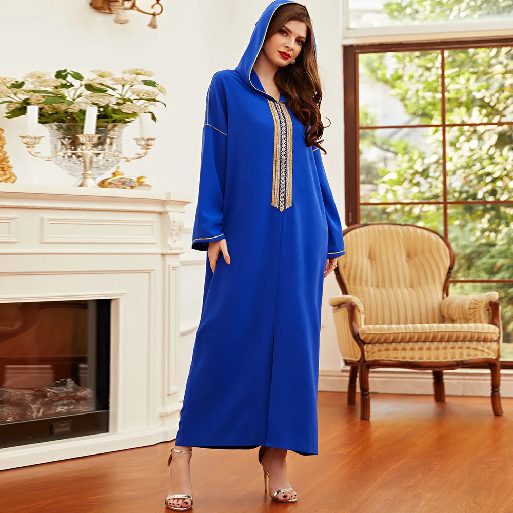 Satin Royal Blue Embroidered Muslim Abaya for Women Fine Loose Hooded Robe Casual Long Style Clothing Maxi Dresses