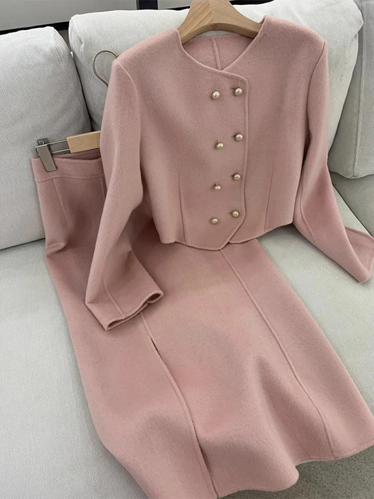 Moda elegante abito rosa donna 2023 autunno inverno o-collo doppiopetto manica lunga cappotto corto + gonna lunga divisa in due pezzi