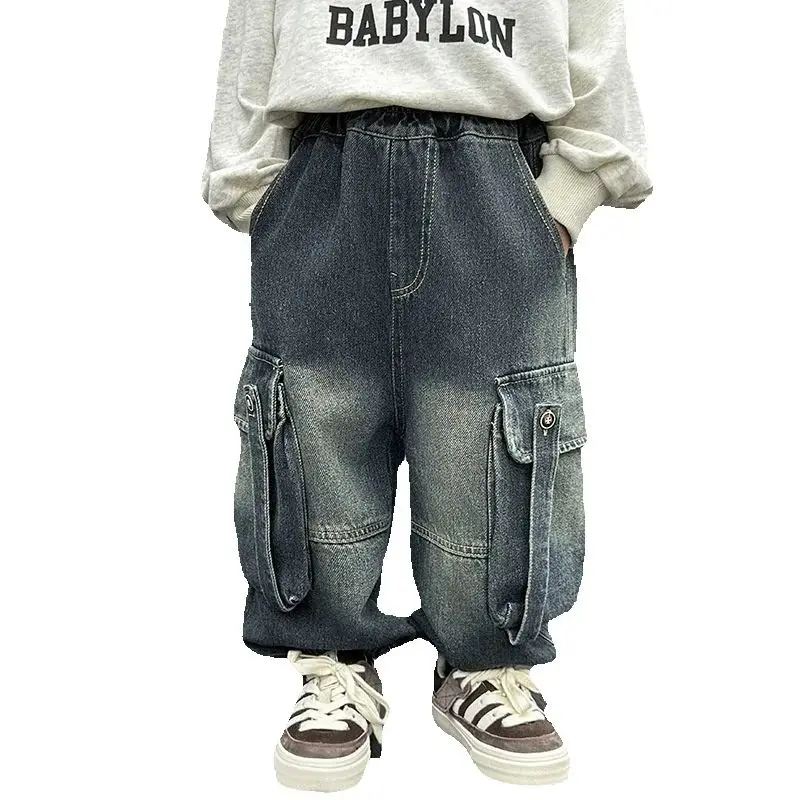 

Весенне-осенние детские джинсы для мальчиков 2-10 лет, хлопковые джинсовые брюки с несколькими карманами, брюки, одежда для малышей, детские брюки-карго