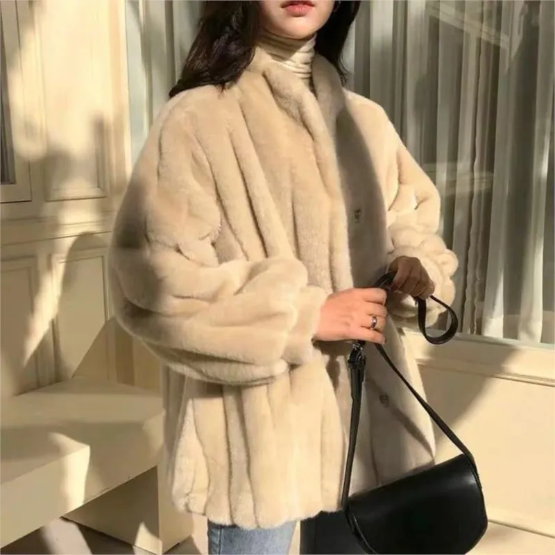 шуба искусственный мех 2023 Autumn Winter Faux Rabbit Fur Coat Elegant Khaki Fluffy Jacket Thick Warm Stand Collar Outerwears