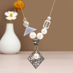 Geometric Metal Pendants Necklaces Acrylic Pearls Beaded Handmade Long Necklace for Women Jewelry Gifts