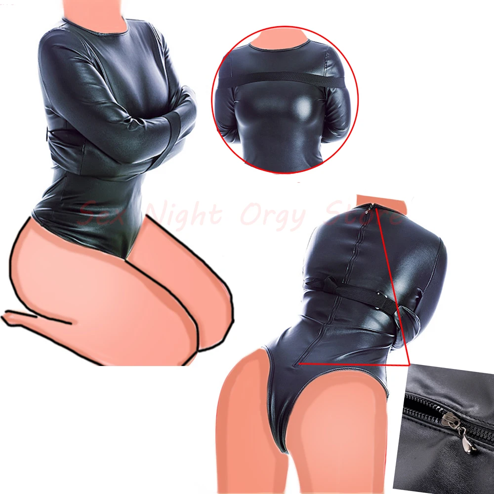 BDSM Bondage Long Sleeve Bodysuit,Adjustable Belt,Leather Arm Binder Restraint Straitjacket,Slave Cosplay Costume Women Sex Toys