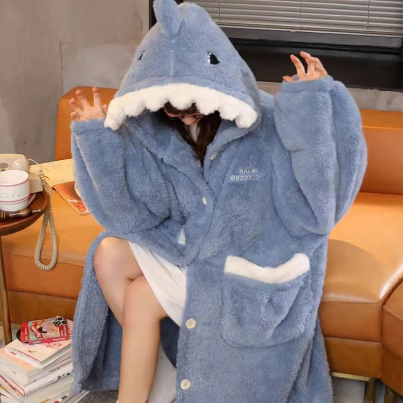 Women\'s Pajamas Thickened Warm Flannel Cartoon Shark Sleeping Robe Animal women\'s Two Pieces set Men Women Plush Thick Sleepwear