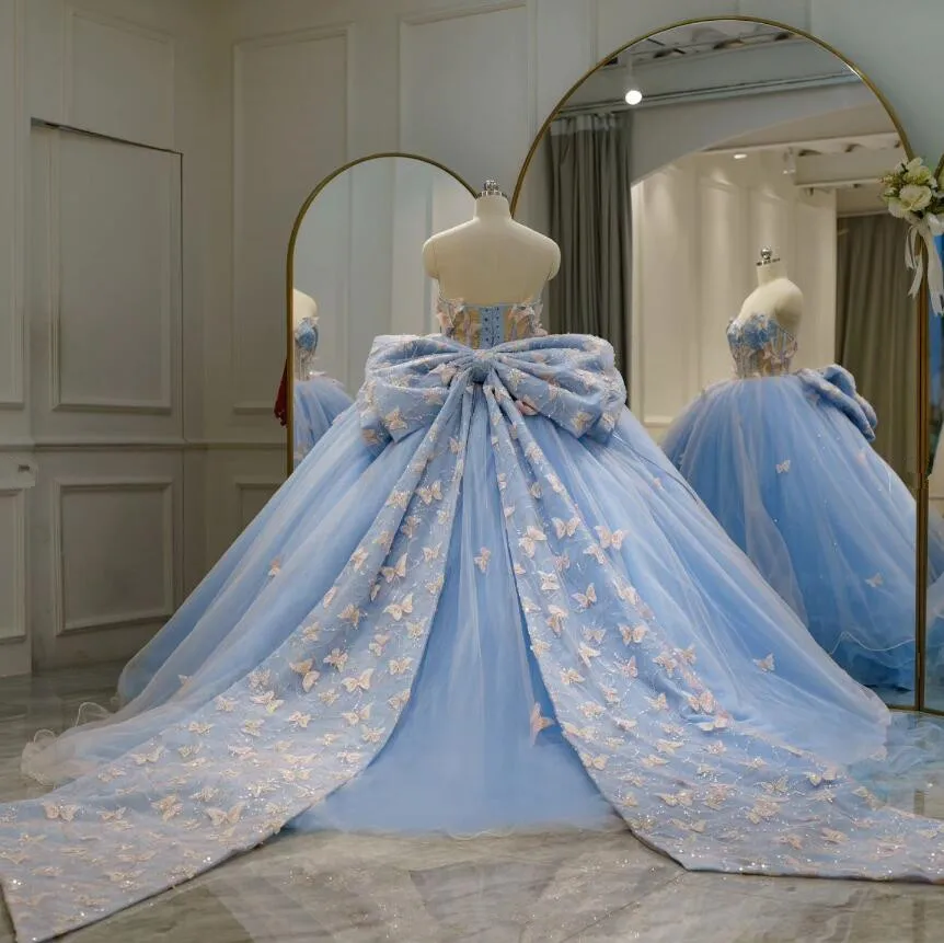 Sky Blue Big Bow Train Quinceanera Dresses Sweetheart Boning Corset Butterfly Gillter Beaded Vestidos de xv brillosos