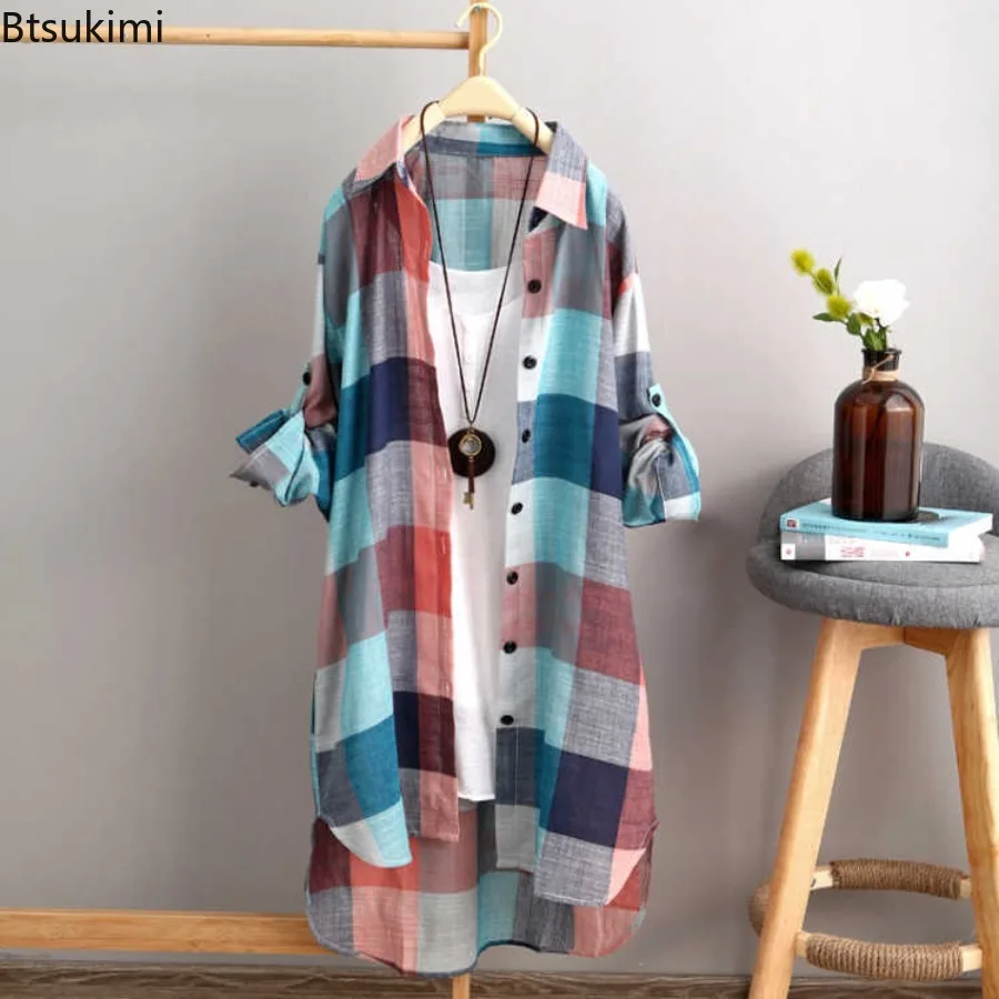 

2025 Women's Shirt Plaid Print Contrast Color Irregular Hem Long Shirt Single-breasted Long Sleeve Lapel Oversized Lady Long Top