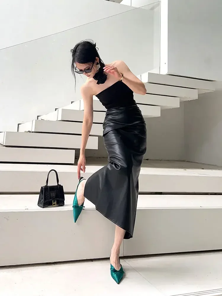 

Vintage Matte Leather Midi Skirt Women High Waist Stretch PU Skirts Back Hem Split Elegant Splicing Skirt Party Custom