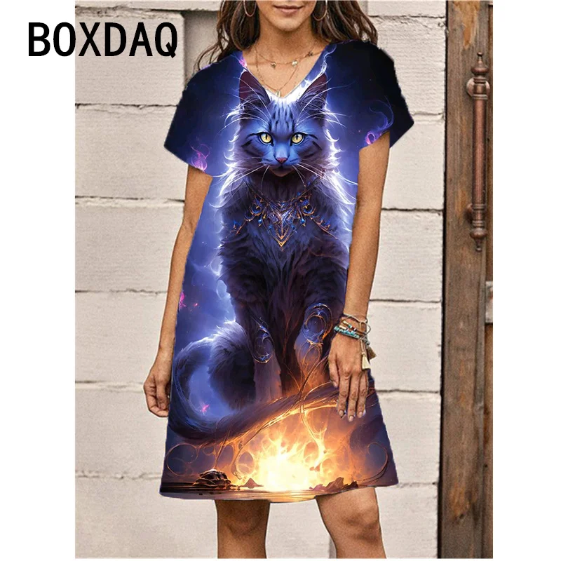 

Big Size Women Short Sleeve V-Neck Casual Dress 3D Cat Print A-Line Dress 2024 New Fashion Ovesized Female Dress Vestidos