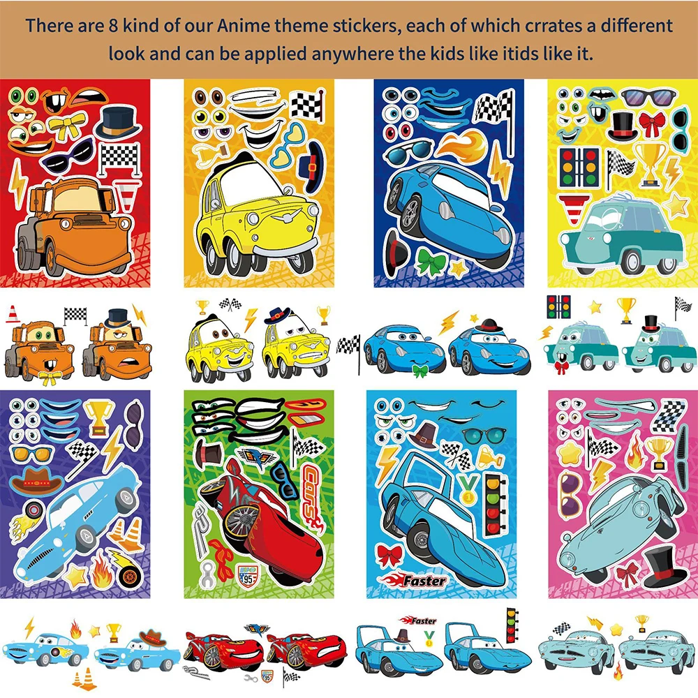 8/16 Blatt Disney Autos Puzzle Aufkleber Spiel machen ein Gesicht Kinder montieren Puzzle DIY Dekoration Kind Lernspiel zeug Party Gunst