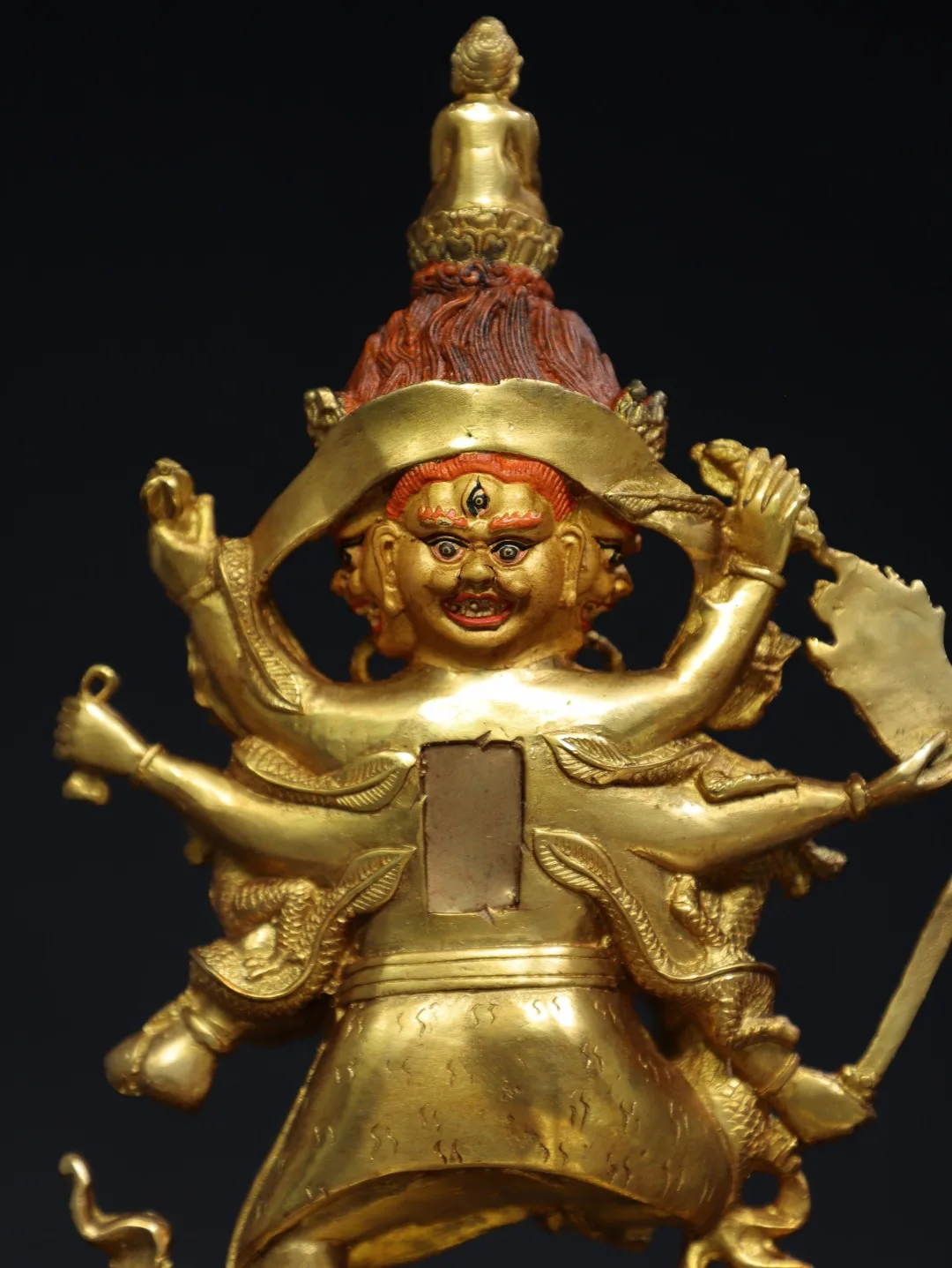 

13"Tibetan Temple Collection Old Bronze Gilded Facial Painted Six armed Mahakala Buddha Great Black God Worship Hall Town house