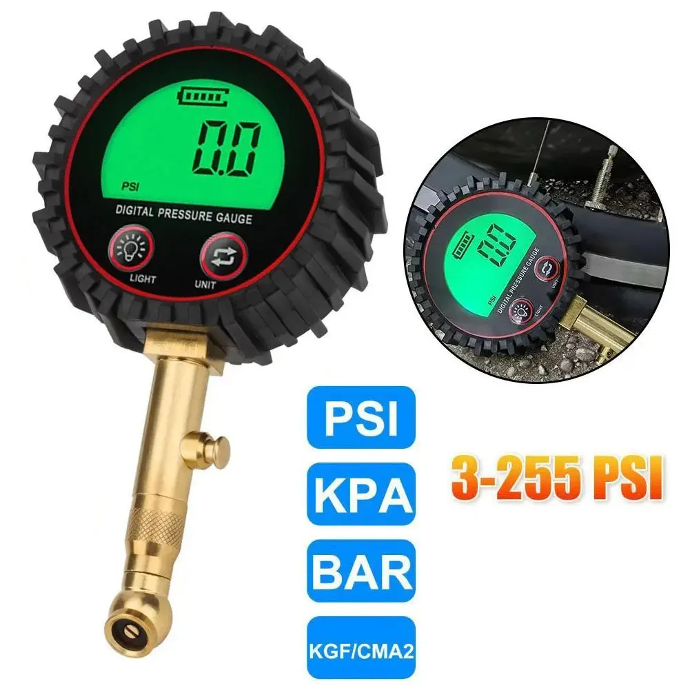 

Цифровой манометр в шинах со сталью и латунью обеспечивает точное считывание давления в стержней PSI KPA и кгсм.