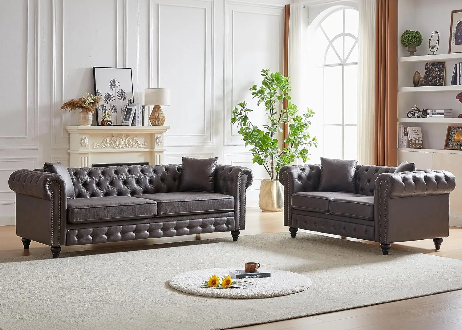 2 Piece Living Room Sofa Set,Button Tufted Couch and Loveseat Set with Nailhead Trim&Roll Armrest