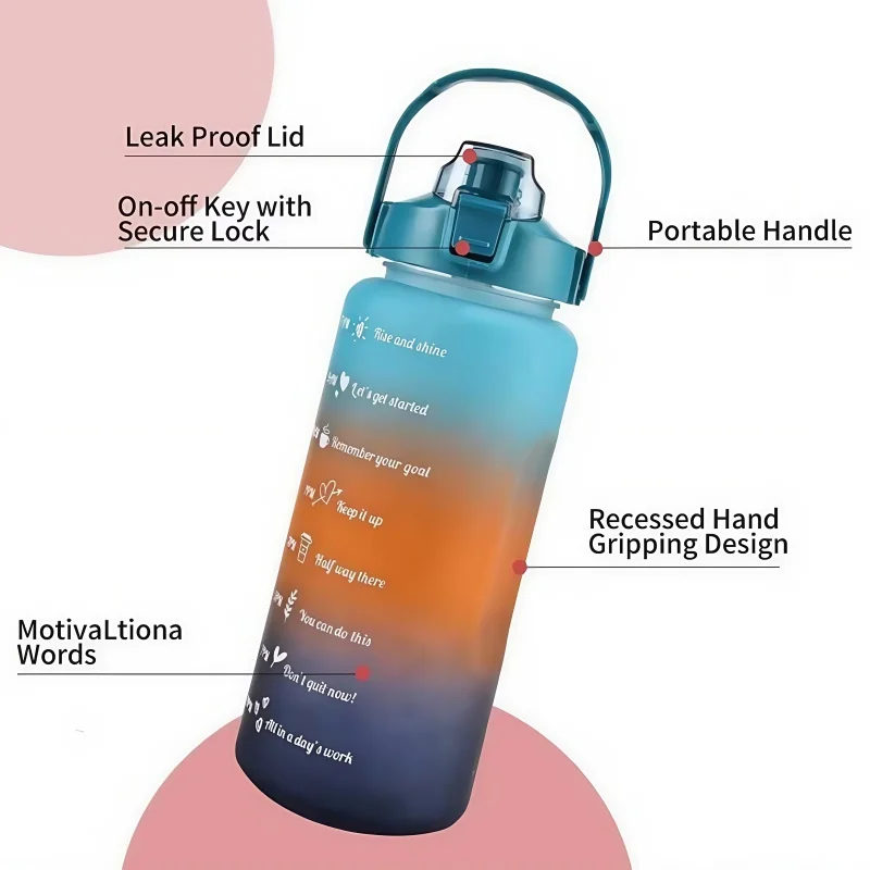 Botella de agua de gran capacidad para exteriores, 2L, taza de plástico, cubierta de rebote, taza de paja portátil a prueba de fugas, marcador de tiempo, botellas de gimnasio con gradiente