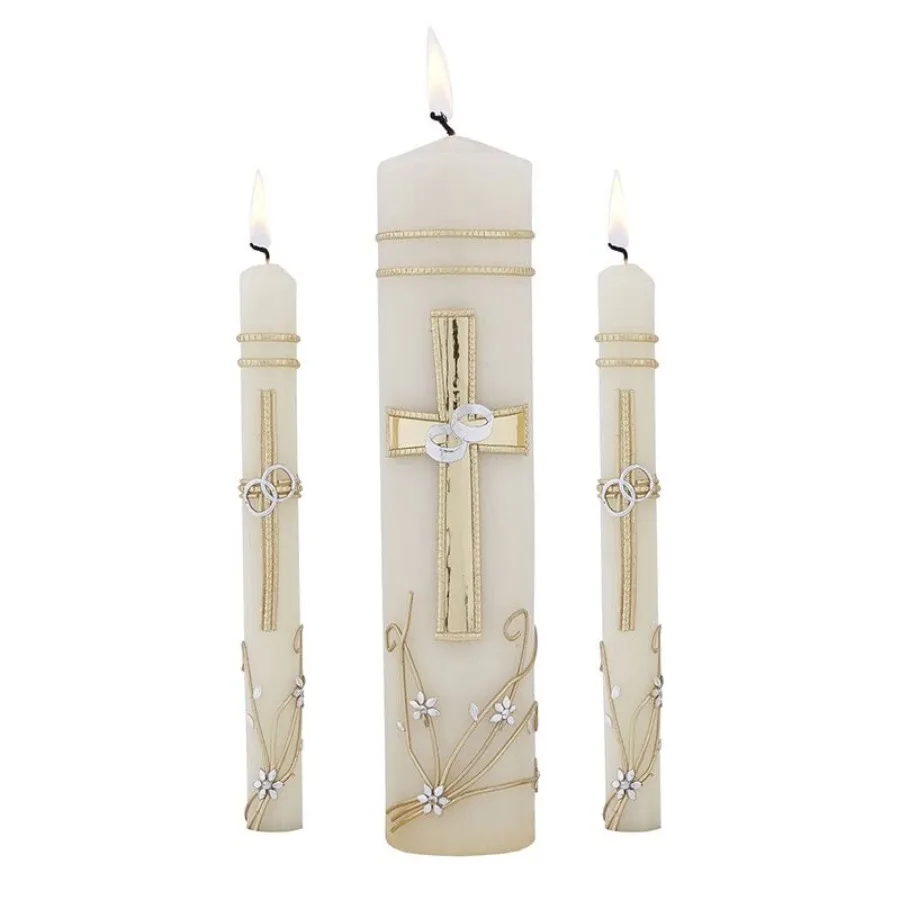 

Hand Crafted Wedding Candle Set by Will and Baumer, Set of 3, Ornate Cross
