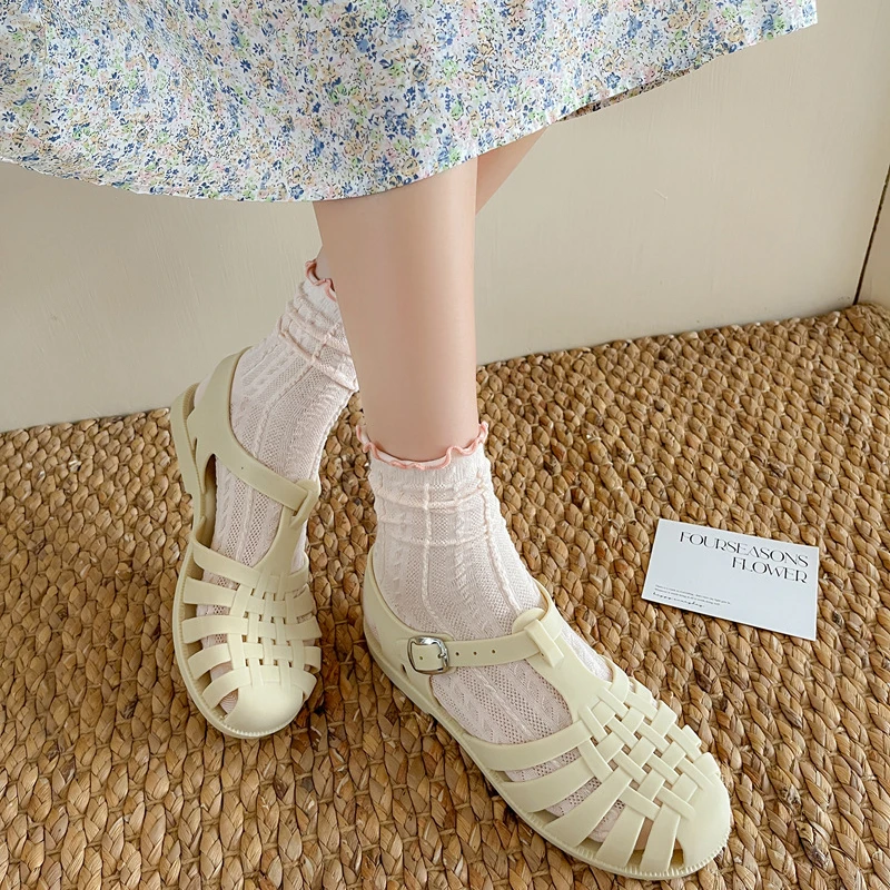 Kawaii Ruffle Socks Women Lolita Sweet Girls Cute Solid Color Cotton Long Socks Hollow Out Mesh Thin Breathale Middle Tube Socks