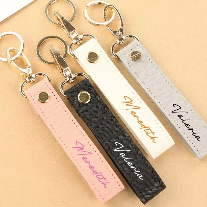 Trendy PU Custom Logo Leather Keychain for Women Personalized Number Bag Keyring Pendant Laser Engrave Car Name Key Chain Gift