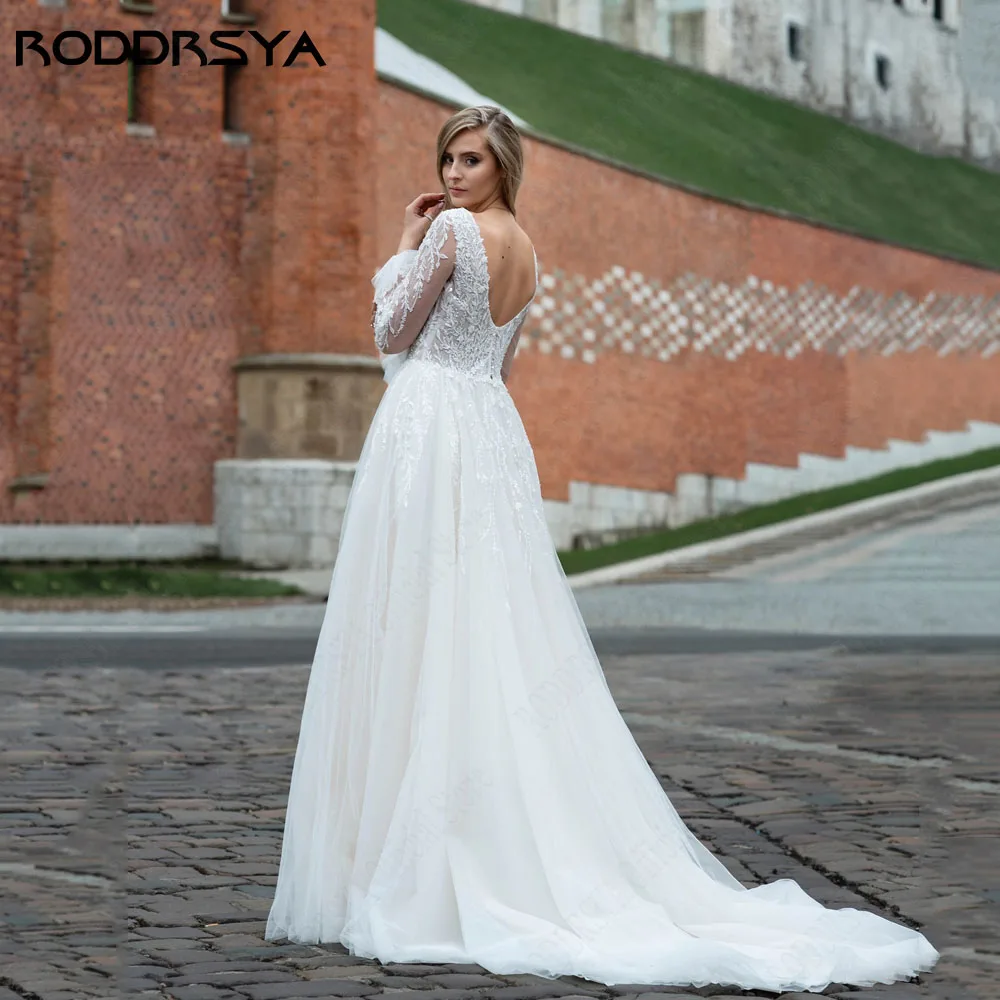 Roddsya backless Long sleeves Wedding dress a - line sRODDRSYA-vestido De novia De manga larga con Espalda descubierta, traje De novia De línea a con cuello redondo, apliques De tul con abertura lateral, hecho a medida