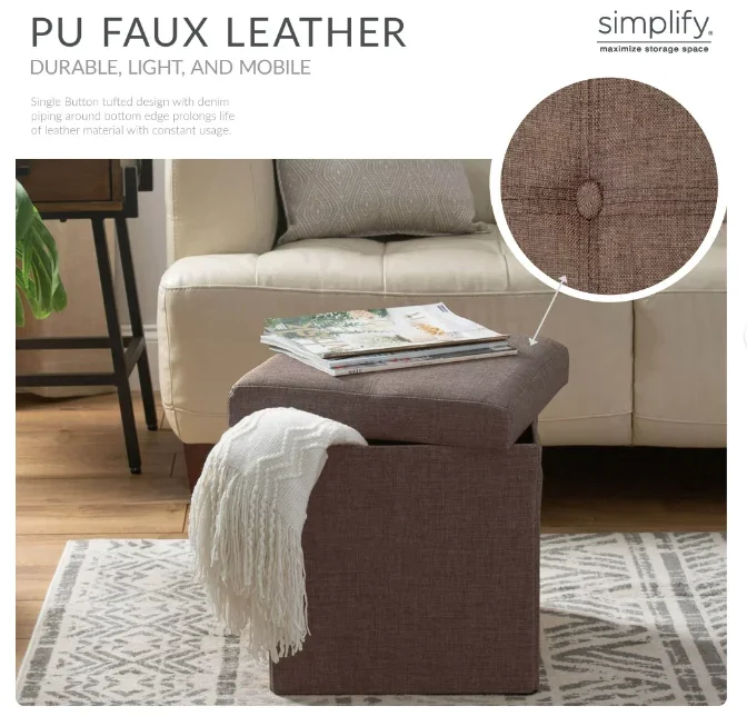  Faux Linen Folding Storage Ottoman Cube in Espresso