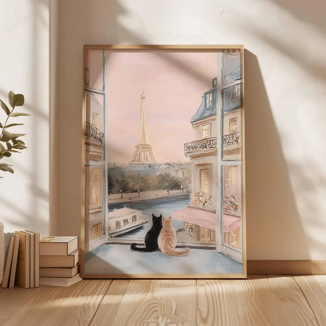 Paris Cat Wall Art Print, Eiffel Tower Window View Poster, Romantic French Apartment Decor, Whimsical Paris Cats Illustration view 3