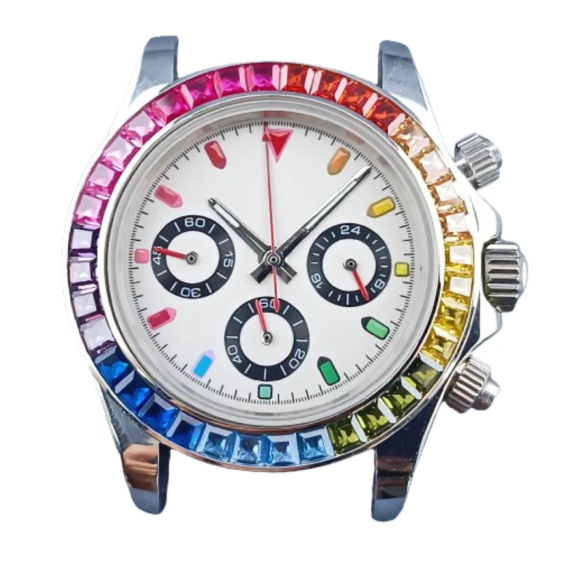 39.5mm VK63 Movement Watch Case 316L Stainless Steel Sapphire Glass Rainbow Diamond Bezel Dial Timing Code Watch Custom LOGO