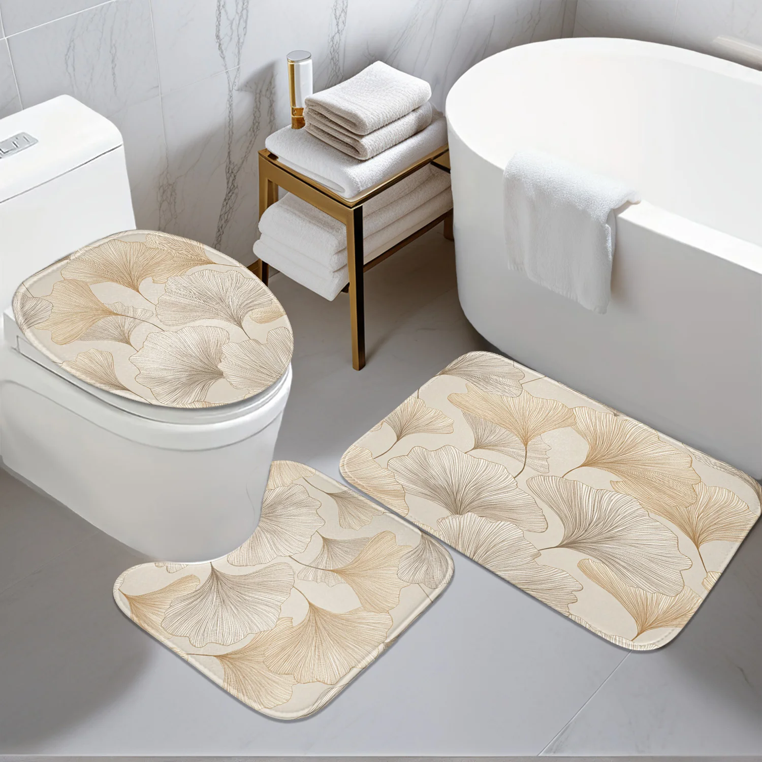 

Bathroom Anti-Slip Mat Set - 3pcs Ginkgo Leaf 2D Flat Design Pattern, Digital Print - Includes Non-Slip Mat, U-Shaped Mat & Toil