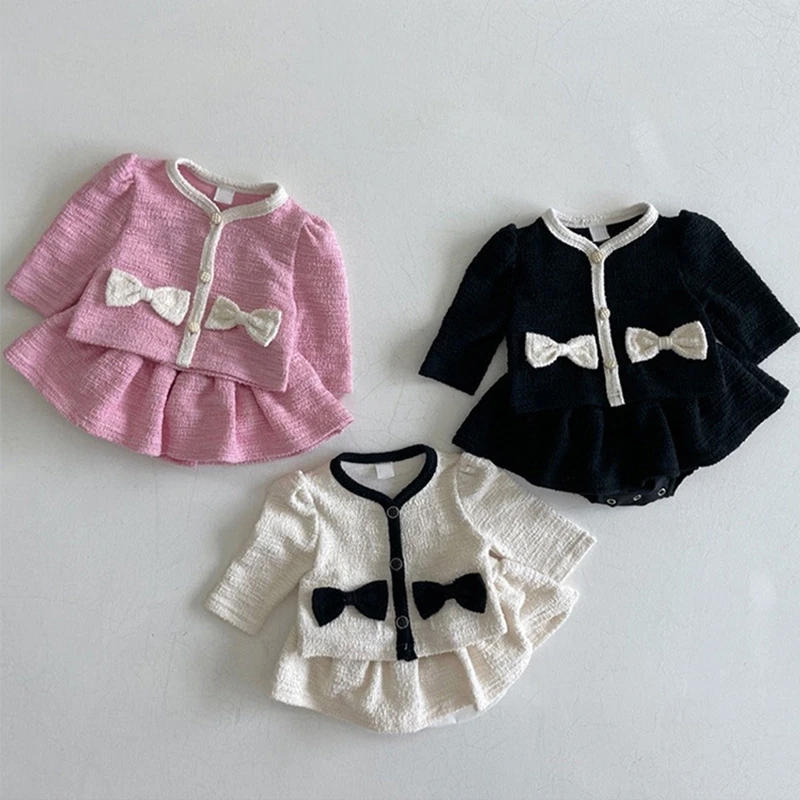 Newborn Baby Girl Elegant Dress Suit Coat+Dress 2PCS Bow Dress Vintage Infant Toddler Spring Autumn Child Kids Clothes Set 6M-2Y