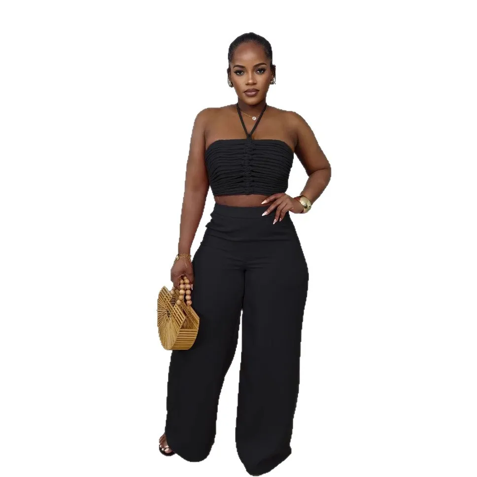 ชุดเซ็ตสตรีมีเชือกผูกและเสื้อมีเชือก เอวสูง ซิปข้าง กางเกงทรงหลวม ชุดสองชิ้น