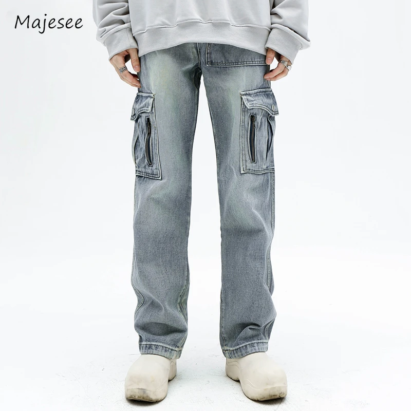 Cargo Jeans Men Loose Pockets Asymmetrical Korean Style Daily Spring Autumn Ankle Length All-match Denim Do Old Minimalist 2023